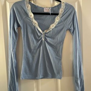 Urban Outfitters Light Blue Lace Trim Long Sleeve Top